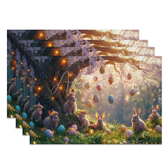 Aperturee - Aperturee Pink Blossom Bunny Set of 4 Placemats Spring Flower Tree Easter Holiday Table Mats Decor