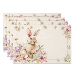 Aperturee - Aperturee Pink Blossom Easter Bunny Set of 4 Placemats Blue Egg Rabbit Spring Table Mats for Holiday