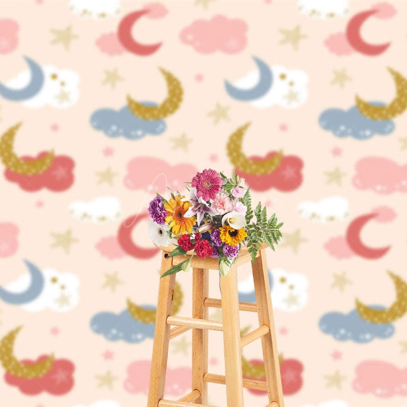 Aperturee - Aperturee Pink Blue Clouds Moon Stars Cake Smash Photo Backdrop