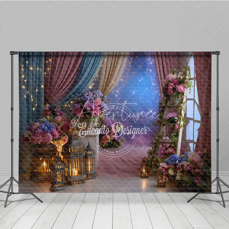 Aperturee - Aperturee Pink Blue Floral Photography Backdrop with Lanterns and Starry Sky Dreamy Fairy Tale Party Decor