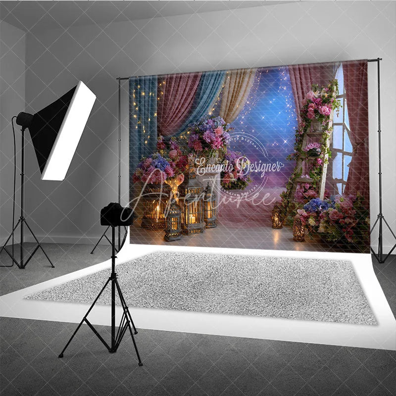 Aperturee - Aperturee Pink Blue Floral Photography Backdrop with Lanterns and Starry Sky Dreamy Fairy Tale Party Decor