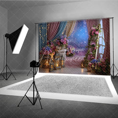 Aperturee - Aperturee Pink Blue Floral Photography Backdrop with Lanterns and Starry Sky Dreamy Fairy Tale Party Decor