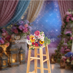 Aperturee - Aperturee Pink Blue Floral Photography Backdrop with Lanterns and Starry Sky Dreamy Fairy Tale Party Decor
