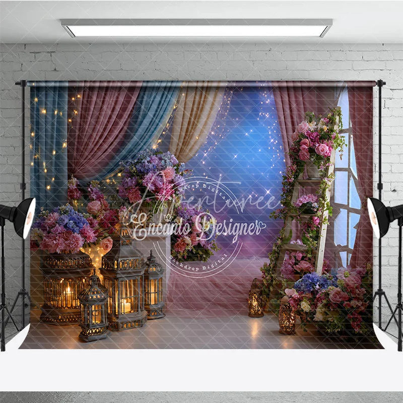 Aperturee - Aperturee Pink Blue Floral Photography Backdrop with Lanterns and Starry Sky Dreamy Fairy Tale Party Decor