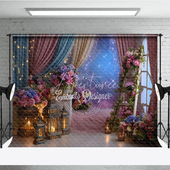 Aperturee - Aperturee Pink Blue Floral Photography Backdrop with Lanterns and Starry Sky Dreamy Fairy Tale Party Decor