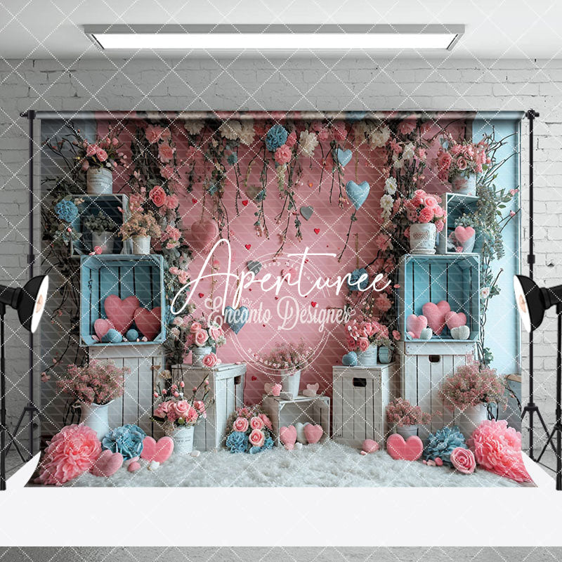 Aperturee - Aperturee Pink Blue Floral Valentines Vibe Room Set Backdrop