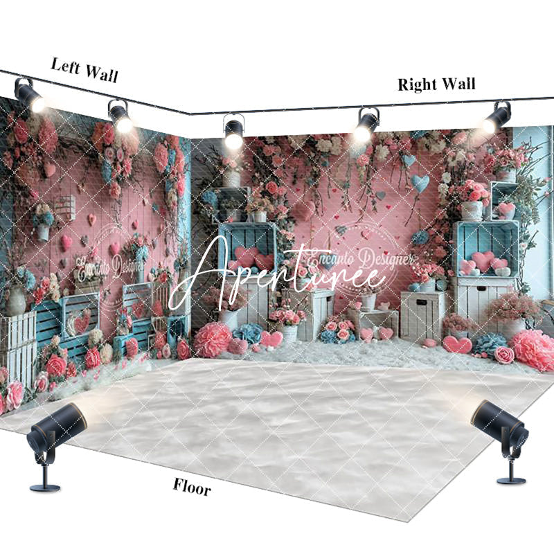Aperturee - Aperturee Pink Blue Floral Valentines Vibe Room Set Backdrop