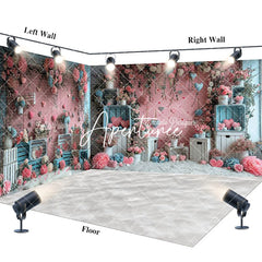Aperturee - Aperturee Pink Blue Floral Valentines Vibe Room Set Backdrop