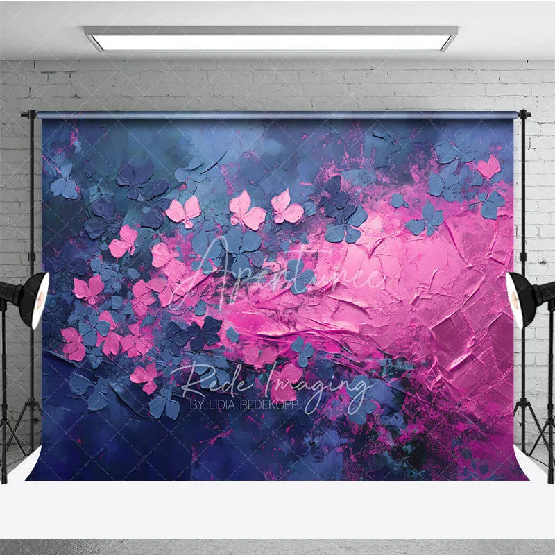 Aperturee - Aperturee Pink Blue Impasto Floral Backdrop Textured Oil Painting Flowers Dark Background Artistic Photography Banner