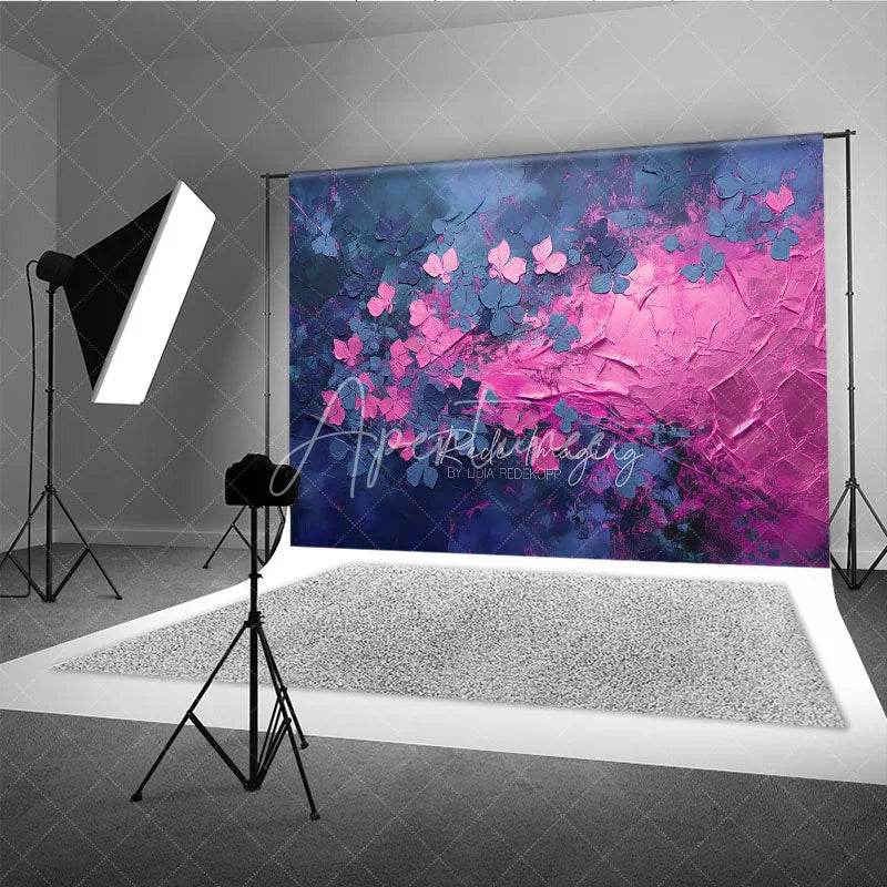 Aperturee - Aperturee Pink Blue Impasto Floral Backdrop Textured Oil Painting Flowers Dark Background Artistic Photography Banner