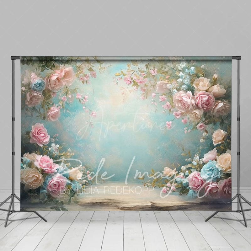 Aperturee - Aperturee Pink Blue Pastel Florals Backdrop For Photo Booth