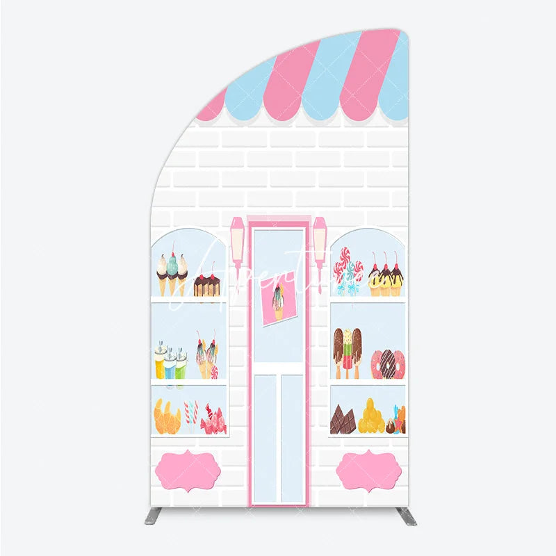 Aperturee - Aperturee Pink Blue Striped Awning Candy Shop Ice Cream Half Moon Arch Backdrop Sweet Dessert Birthday Party Decor