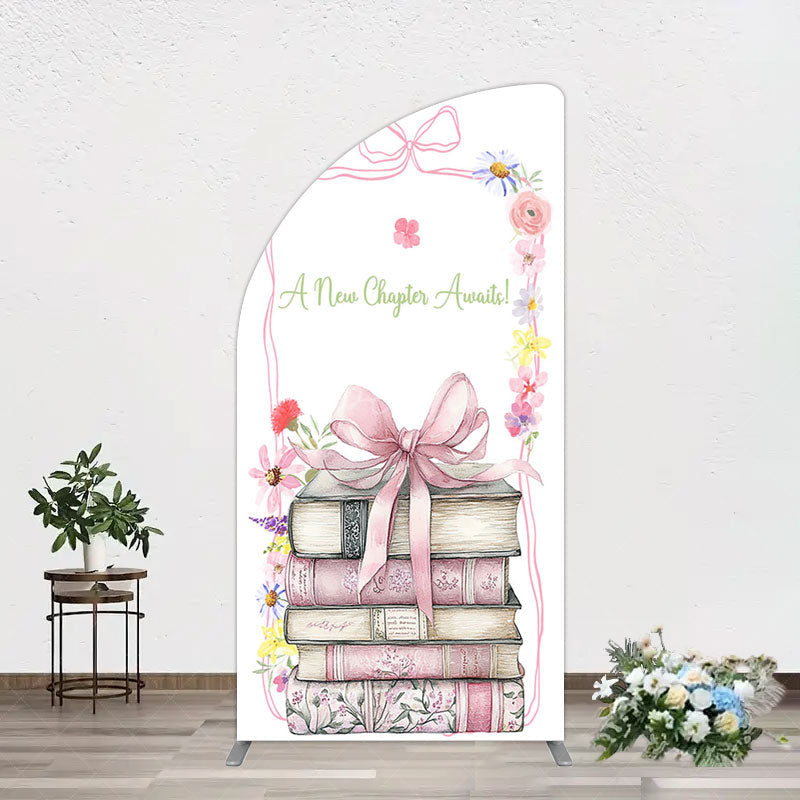 Aperturee - Aperturee Pink Book New Chapter Awaits Baby Shower Half Moon Arch Backdrop