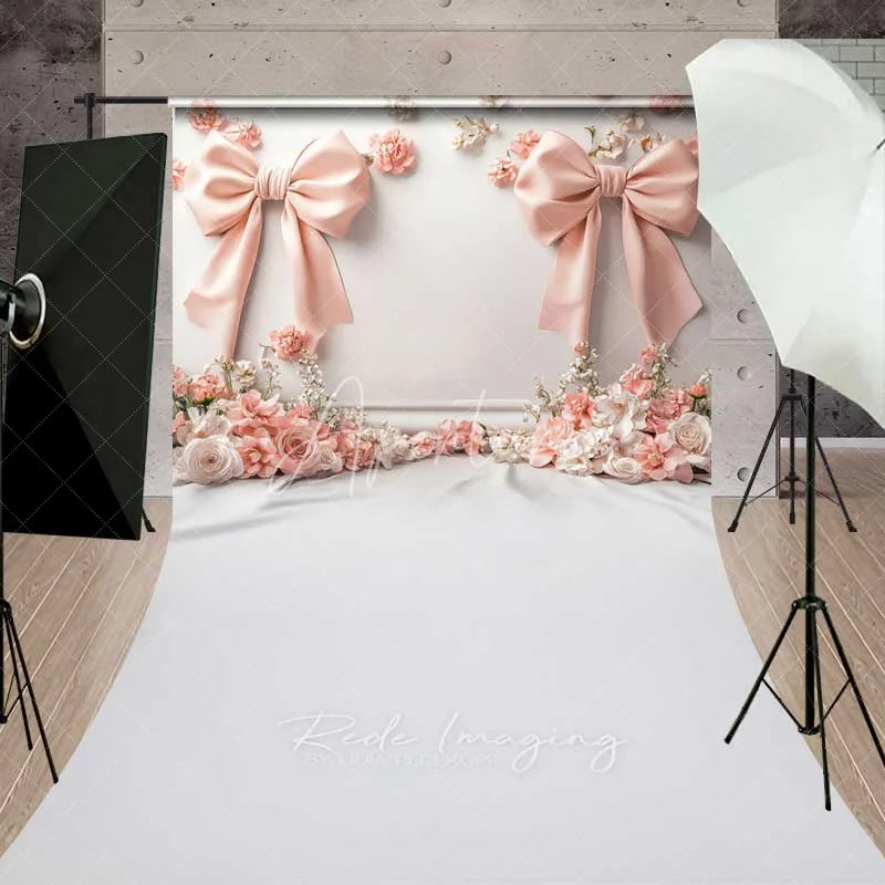 Aperturee - Aperturee Pink Bow 3D Floral Cloth Sweep Photography Backdrop Elegant Wedding Relief Flower Silk Floor Photo Prop