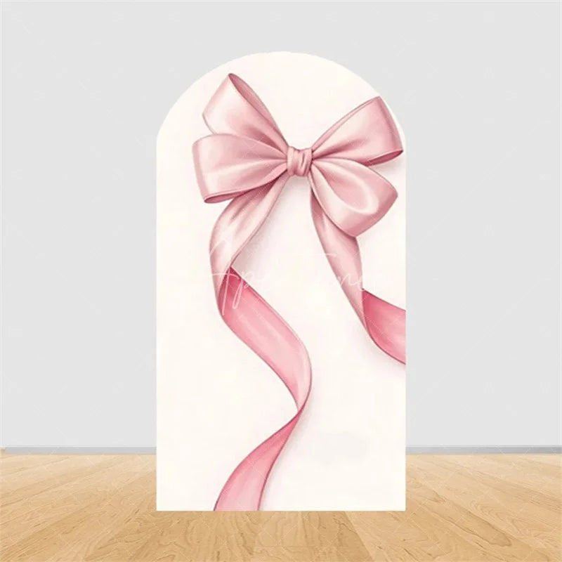 Aperturee - Aperturee Pink Bow Arch Backdrop Watercolor Ribbon Princess Birthday Party Decor Coquette Girl Baby Shower Prop