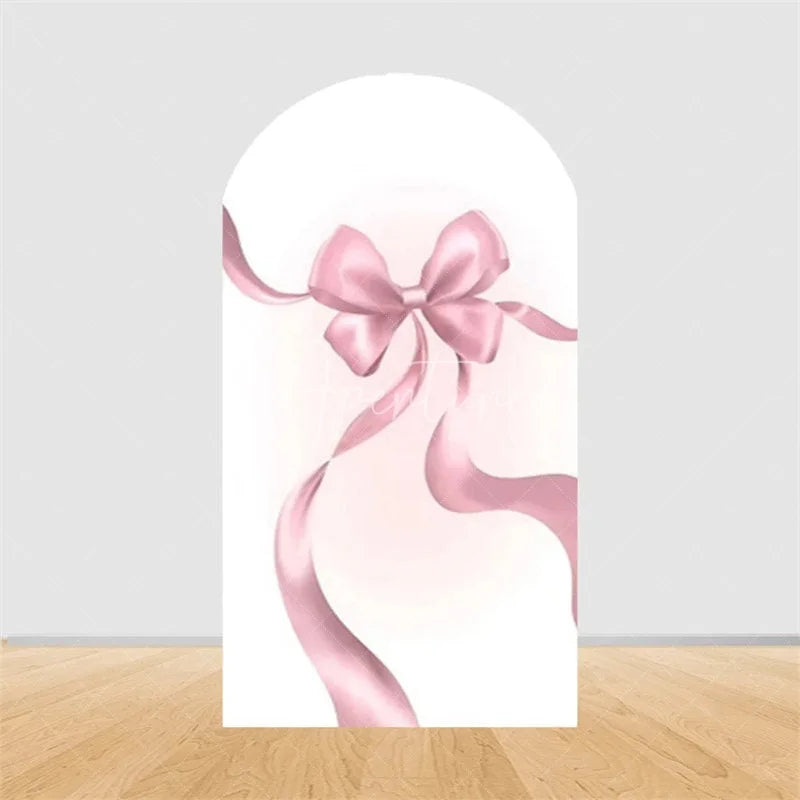 Aperturee - Aperturee Pink Bow Arch Backdrop Watercolor Ribbon Princess Birthday Party Decor Coquette Girl Baby Shower Prop