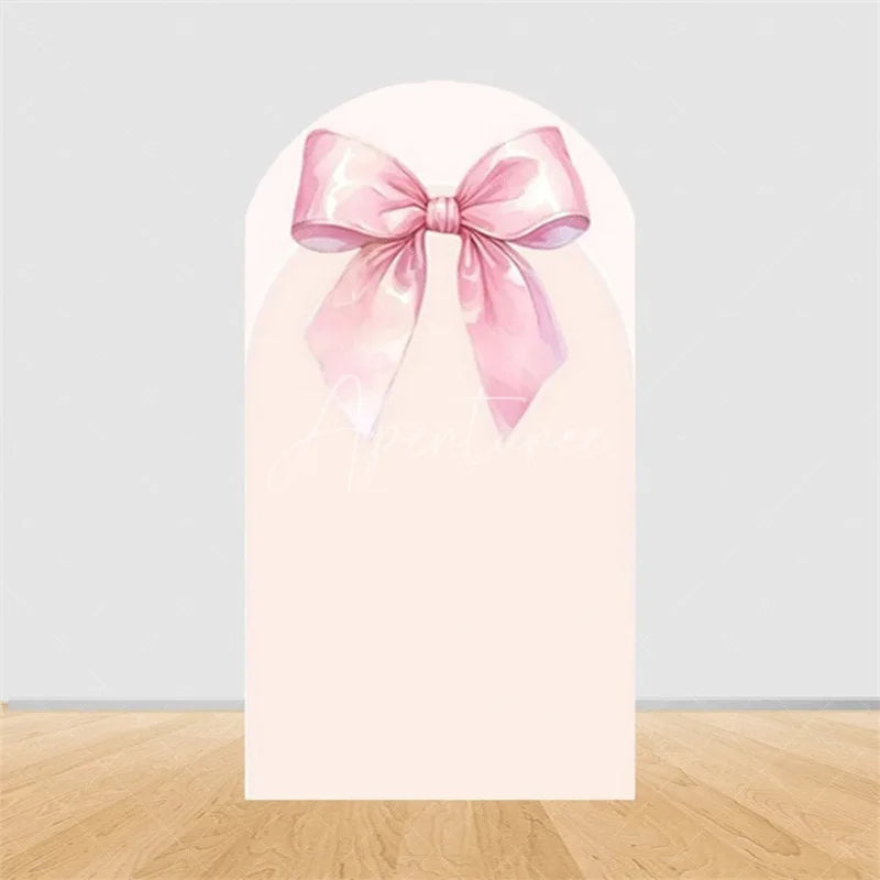 Aperturee - Aperturee Pink Bow Arch Backdrop Watercolor Ribbon Princess Birthday Party Decor Coquette Girl Baby Shower Prop