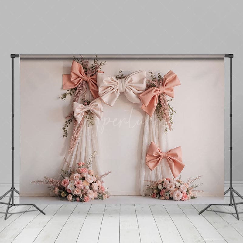 Aperturee - Aperturee Pink Bow Floral Arch Wedding Photography Backdrop