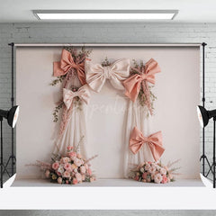 Aperturee - Aperturee Pink Bow Floral Arch Wedding Photography Backdrop