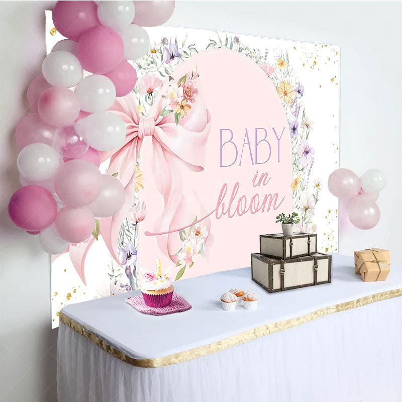Aperturee - Aperturee Pink Bow Floral Baby In Bloom Gender Reveal Backdrop