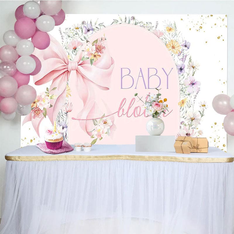 Aperturee - Aperturee Pink Bow Floral Baby In Bloom Gender Reveal Backdrop