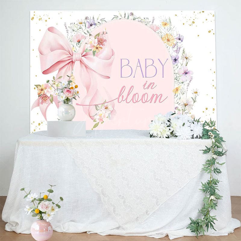Aperturee - Aperturee Pink Bow Floral Baby In Bloom Gender Reveal Backdrop
