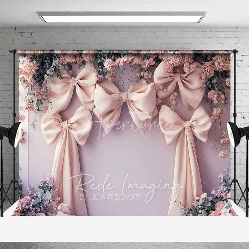 Aperturee - Aperturee Pink Bow Floral Wedding Photography Backdrop Romantic Bridal Shower Flower Curtain Background