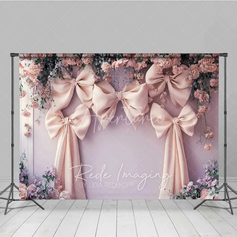 Aperturee - Aperturee Pink Bow Floral Wedding Photography Backdrop Romantic Bridal Shower Flower Curtain Background
