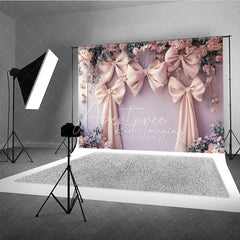 Aperturee - Aperturee Pink Bow Floral Wedding Photography Backdrop Romantic Bridal Shower Flower Curtain Background