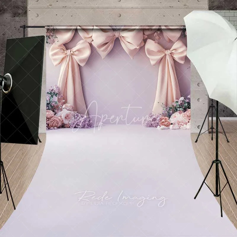 Aperturee - Aperturee Pink Bow Floral Wedding Sweep Photography Backdrop Romantic Bridal Shower Flower Floor Photo Background