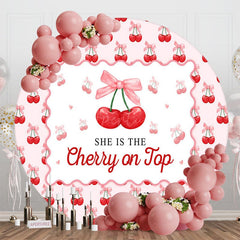 Aperturee - Aperturee Pink Bow Red Cherry On Top Round Birthday Backdrop