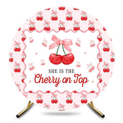 Aperturee - Aperturee Pink Bow Red Cherry On Top Round Birthday Backdrop