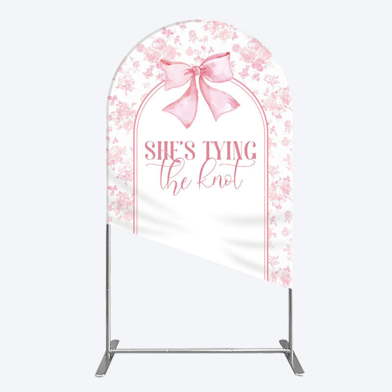 Aperturee - Aperturee Pink Bow Shes Tying The Knot Bridal Shower Arch Backdrop
