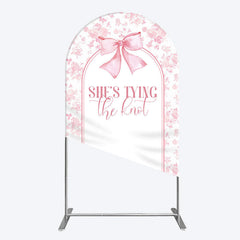 Aperturee - Aperturee Pink Bow Shes Tying The Knot Bridal Shower Arch Backdrop