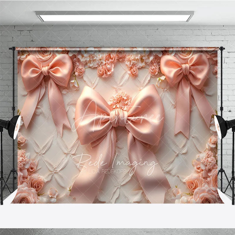 Aperturee - Aperturee Pink Bows Fine Art Backdrop Pastel Ribbon Floral Texture Background Newborn Girl Photography Prop