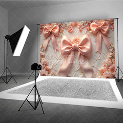 Aperturee - Aperturee Pink Bows Fine Art Backdrop Pastel Ribbon Floral Texture Background Newborn Girl Photography Prop