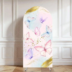 Aperturee - Aperturee Pink Butterfly Floral Arch Cover Girls Birthday Backdrop with Blossoms Spring Garden Party Photo Decor