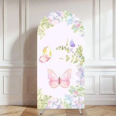 Aperturee - Aperturee Pink Butterfly Floral Arch Cover Girls Birthday Backdrop with Blossoms Spring Garden Party Photo Decor