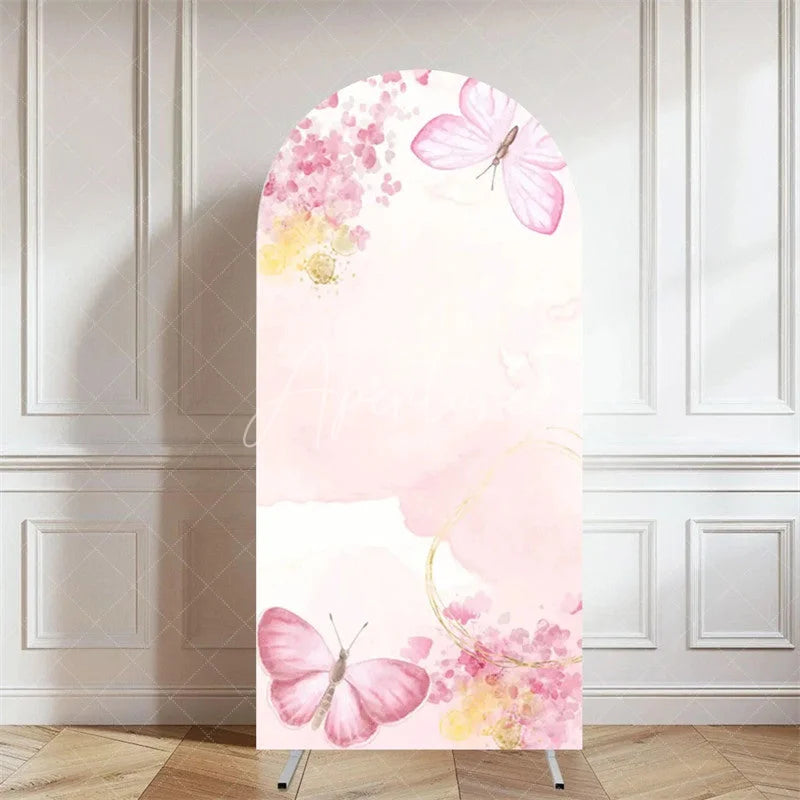 Aperturee - Aperturee Pink Butterfly Floral Arch Cover Girls Birthday Backdrop with Blossoms Spring Garden Party Photo Decor