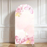 Aperturee - Aperturee Pink Butterfly Floral Arch Cover Girls Birthday Backdrop with Blossoms Spring Garden Party Photo Decor