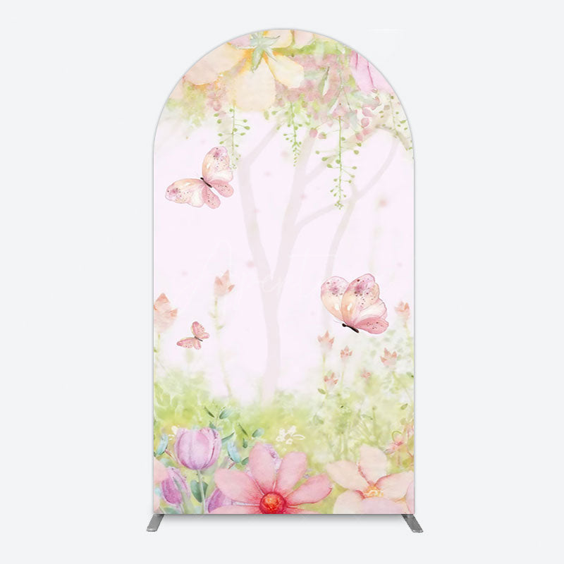 Aperturee - Aperturee Pink Butterfly Spring Cartoon Birthday Arch Backdrop