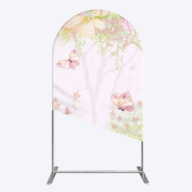 Aperturee - Aperturee Pink Butterfly Spring Cartoon Birthday Arch Backdrop
