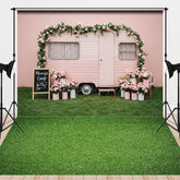 Aperturee - Aperturee Pink Camper Floral Spring Grass Combo Set Backdrop