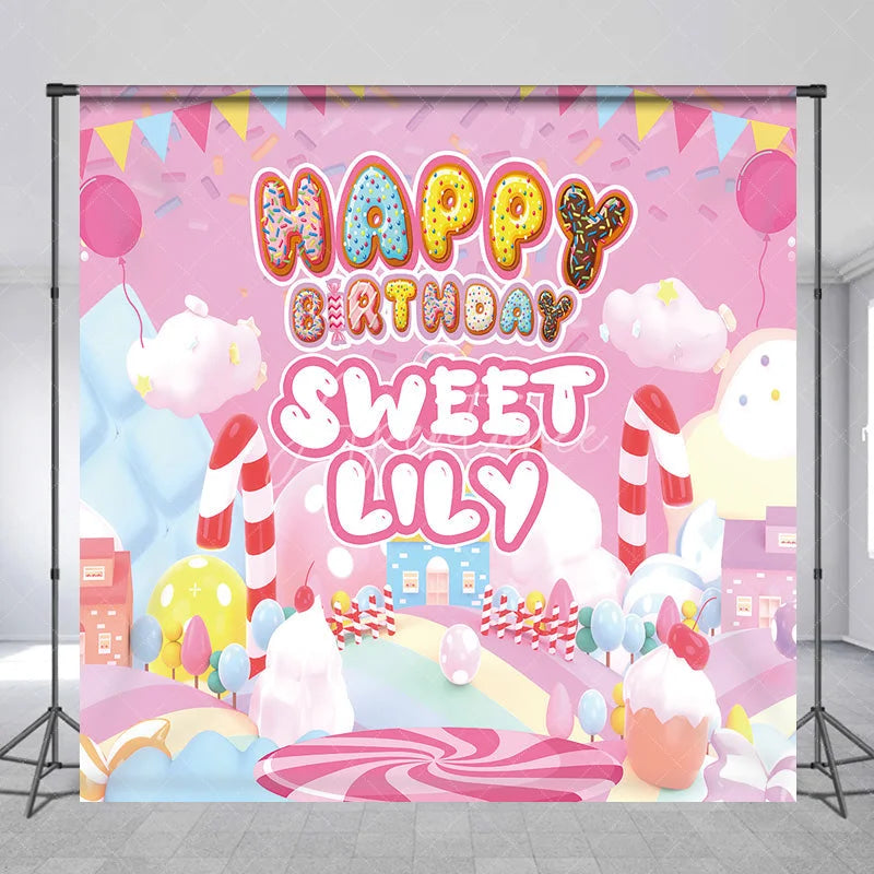 Aperturee - Aperturee Pink Candy Land Custom Birthday Backdrop with Donut Letters and Balloons Sweet Personalized Party Decor for Girls
