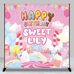 Aperturee - Aperturee Pink Candy Land Custom Birthday Backdrop with Donut Letters and Balloons Sweet Personalized Party Decor for Girls