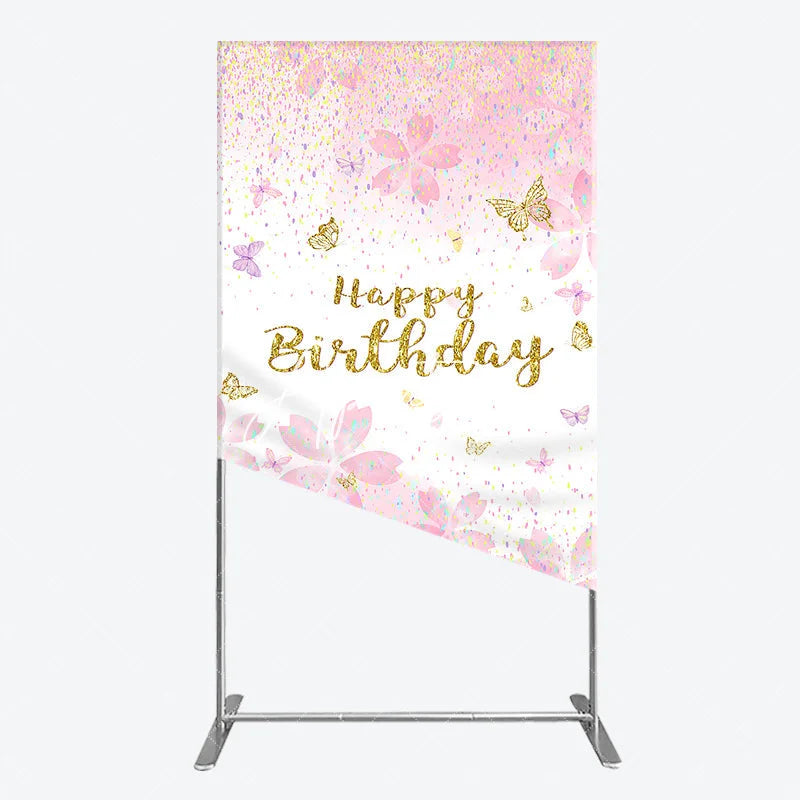 Aperturee - Aperturee Pink Cherry Blossom and Gold Glitter Happy Birthday Rectangle Arch Backdrop Butterfly Confetti Party Decor