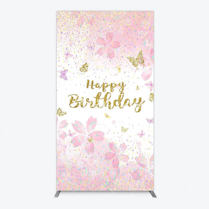 Aperturee - Aperturee Pink Cherry Blossom and Gold Glitter Happy Birthday Rectangle Arch Backdrop Butterfly Confetti Party Decor