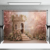 Aperturee - Aperturee Pink Cherry Blossom and Stone Castle Photography Backdrop Fairytale Garden Princess Party Decor