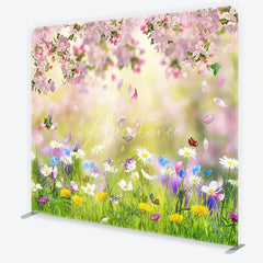 Aperturee - Aperturee Pink Cherry Blossom and Wildflower Meadow Square Double-Sided Backdrop Spring Nature Photography for Studio