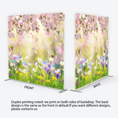 Aperturee - Aperturee Pink Cherry Blossom and Wildflower Meadow Square Double-Sided Backdrop Spring Nature Photography for Studio